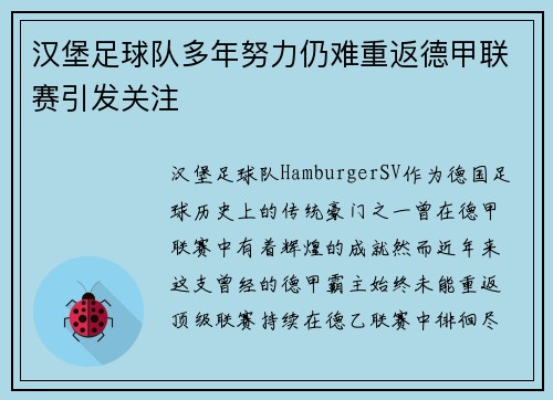 汉堡足球队多年努力仍难重返德甲联赛引发关注